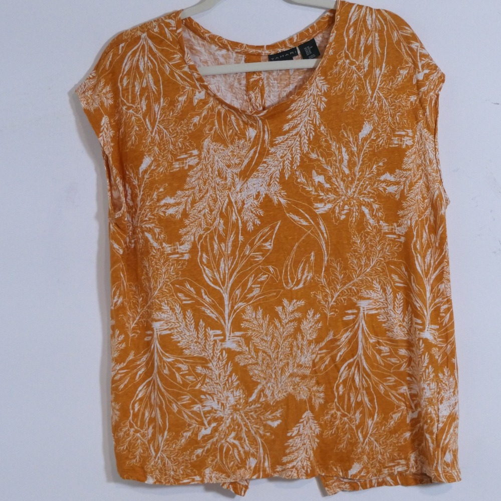 Tahari Womens Linen Button Back Top XL Orange Botanical Tropical Boho Lagenlook
